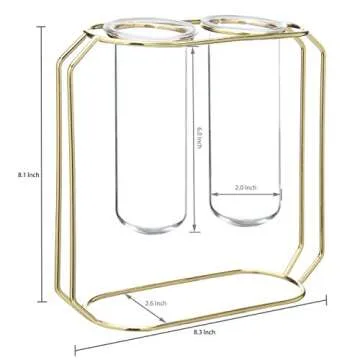 MyGift Glass Test Tube Vase with Geometric Gold Metal Frame Includes 2 Vases and Stand, Hanging Cylindrical Hydroponic Planter and Stand