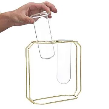 MyGift Glass Test Tube Vase with Geometric Gold Metal Frame Includes 2 Vases and Stand, Hanging Cylindrical Hydroponic Planter and Stand