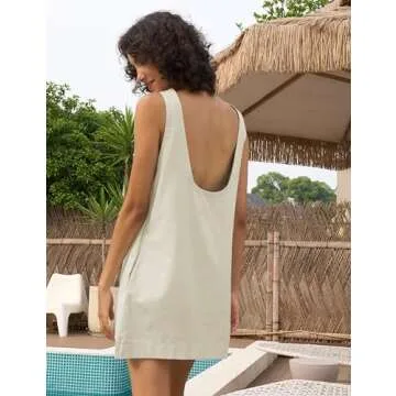 Megfie Womens Summer Crew Neck Sleeveless Open Back Dress Casual Beach Sunshine Cotton Linen Mini Dress(0793-Beige-S)