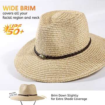 Women Straw Sun Hat Mens Cowboy Style Garden Hat UPF 50+ Wide Brim Summer Hat with Wind Lanyard (Beige 2, OneSize)