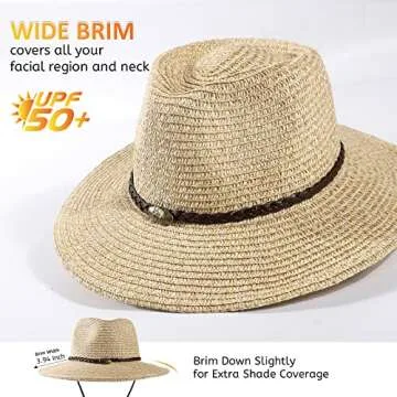 Women Straw Sun Hat Mens Cowboy Style Garden Hat UPF 50+ Wide Brim Summer Hat with Wind Lanyard (Beige 2, OneSize)