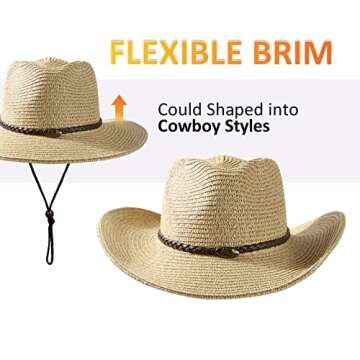 Women Straw Sun Hat Mens Cowboy Style Garden Hat UPF 50+ Wide Brim Summer Hat with Wind Lanyard (Beige 2, OneSize)