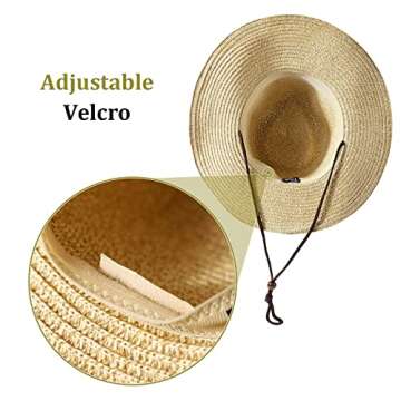 Women Straw Sun Hat Mens Cowboy Style Garden Hat UPF 50+ Wide Brim Summer Hat with Wind Lanyard (Beige 2, OneSize)