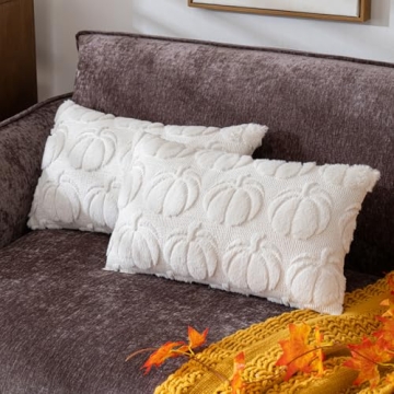 COSIBONO Pumpkin Fall Decorative Throw Pillow Covers - Cream White Soft Faux Fur (Set of 2, 12"x20")...