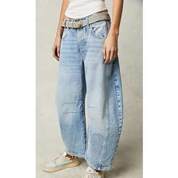 Womens Mid Rise Barrel Jeans Vintage Loose Wide Leg Cropped Denim Pants Y2k Baggy Boyfriend Jeans (S...
