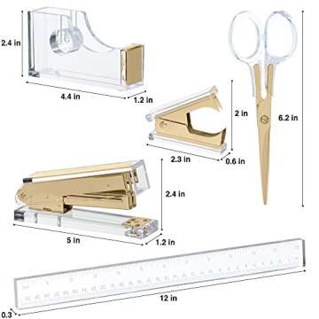 Gold Acrylic Lucite Bundle | Premium Stapler, Tape Dispenser, Scissors, Staple Remover, & Ruler | Cl...