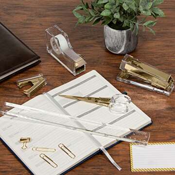 Gold Acrylic Lucite Bundle | Premium Stapler, Tape Dispenser, Scissors, Staple Remover, & Ruler | Clear Stationery & Desk Accessories for Everyday Office Needs | Modern, High End, Chic, Luxury Goods