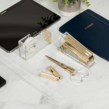 Gold Acrylic Lucite Bundle | Premium Stapler, Tape Dispenser, Scissors, Staple Remover, & Ruler | Clear Stationery & Desk Accessories for Everyday Office Needs | Modern, High End, Chic, Luxury Goods
