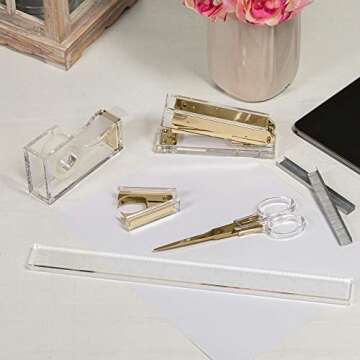 Gold Acrylic Lucite Bundle | Premium Stapler, Tape Dispenser, Scissors, Staple Remover, & Ruler | Clear Stationery & Desk Accessories for Everyday Office Needs | Modern, High End, Chic, Luxury Goods