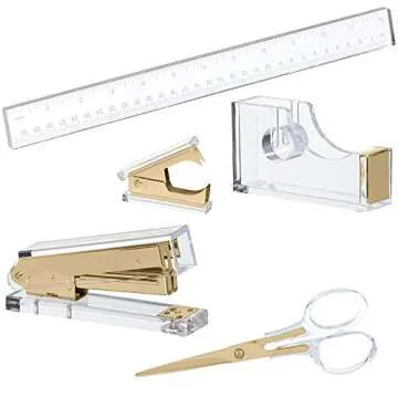 Gold Acrylic Lucite Bundle | Premium Stapler, Tape Dispenser, Scissors, Staple Remover, & Ruler | Clear Stationery & Desk Accessories for Everyday Office Needs | Modern, High End, Chic, Luxury Goods