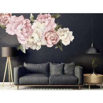 Murwall Floral Peonies Wall Decal, Peony Bouquet Flowers Removable Peel and Stick Wall Sticker