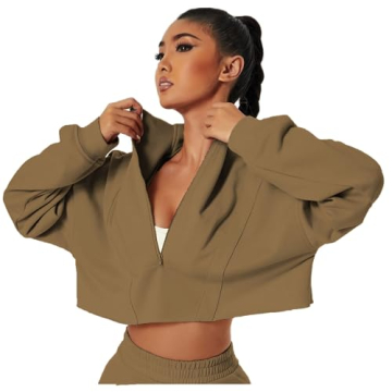 HerGymClothing Womens Cropped Sweatshirt Long Sleeve Half Zip Loose Workout Crop Athletic 100% Cotto...
