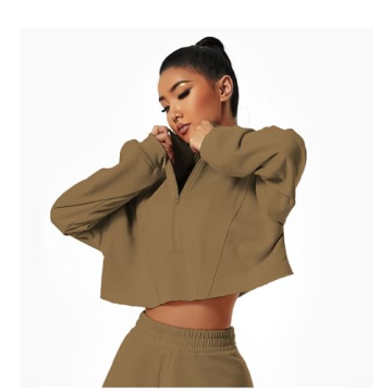 HerGymClothing Womens Cropped Sweatshirt Long Sleeve Half Zip Loose Workout Crop Athletic 100% Cotton Jacket (Bark Brown, XL)