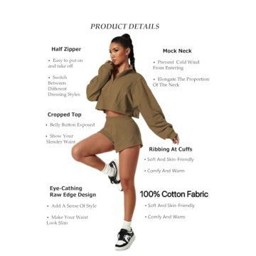 HerGymClothing Womens Cropped Sweatshirt Long Sleeve Half Zip Loose Workout Crop Athletic 100% Cotton Jacket (Bark Brown, XL)
