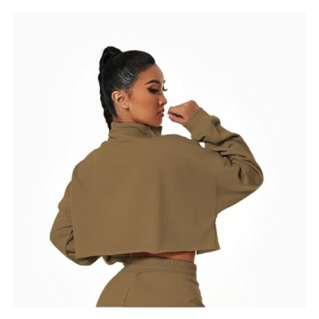 HerGymClothing Womens Cropped Sweatshirt Long Sleeve Half Zip Loose Workout Crop Athletic 100% Cotton Jacket (Bark Brown, XL)