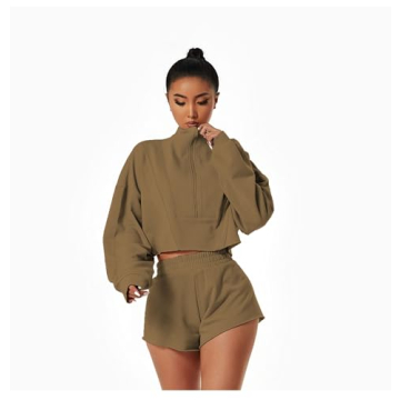HerGymClothing Womens Cropped Sweatshirt Long Sleeve Half Zip Loose Workout Crop Athletic 100% Cotton Jacket (Bark Brown, XL)