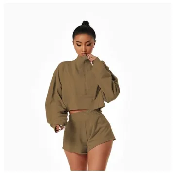 HerGymClothing Womens Cropped Sweatshirt Long Sleeve Half Zip Loose Workout Crop Athletic 100% Cotton Jacket (Bark Brown, XL)
