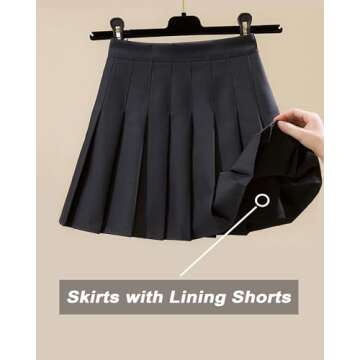 SCKTOO Womens Girl High Waisted Pleated Tennis Skirt School A-Line Skater Skirts with Lining Shorts (Black,X-Small)