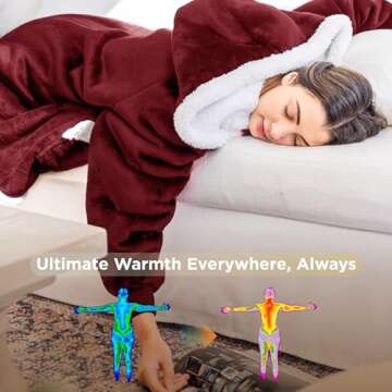Bedsure Blanket Hoodie, Wearable Blanket for Adult & Kids as Gifts for Women Men, Birthday Gifts for Women Mom Sherpa Hoodie, Burgundy, Small