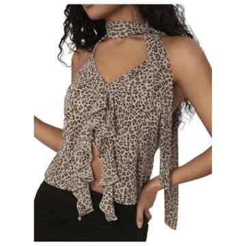 SHENHE Leopard Print Ruffle Open Front Halter Top for Women