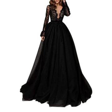 Deep V-Neck Tulle Evening Gowns Laces Long Sleeves Prom Dress A Line Formal Dresses for Women Black