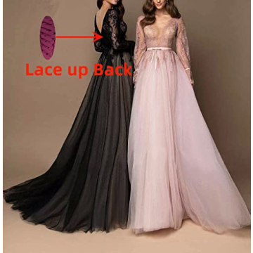 Deep V-Neck Tulle Evening Gowns Laces Long Sleeves Prom Dress A Line Formal Dresses for Women Black