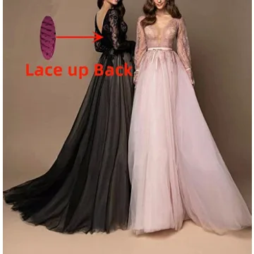 Deep V-Neck Tulle Evening Gowns Laces Long Sleeves Prom Dress A Line Formal Dresses for Women Black