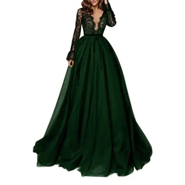 Deep V-Neck Tulle Evening Gowns Laces Long Sleeves Prom Dress A Line Formal Dresses for Women Black