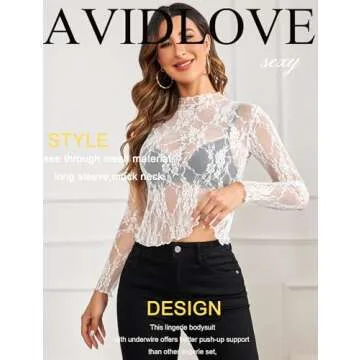 Avidlove Mesh Tops for Women Long Sleeve Mock Neck Sheer Tops See Through Tee Shirt Blouse White Medium