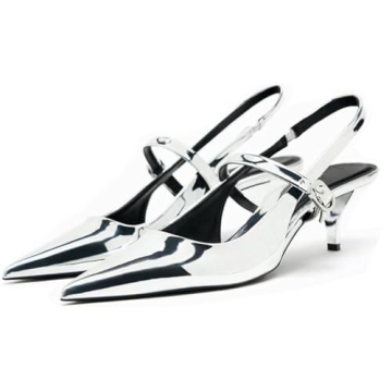 DREAMCIA Metallic Silver Slingback Heels for Women's Style