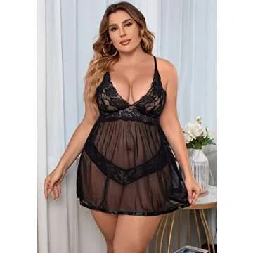 JuicyRose Open Back Lingerie Lace Babydoll Sleepwear Plus Size (Black,5XL)