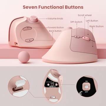 seenda Ergonomic Mouse Rechargeable, Vertical Wireless Mouse with Volume knob, Quiet clicks, 3 Device Connection (Bluetooth or USB), Optical Mice for Windows, PC and Mac- Rose