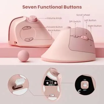 seenda Ergonomic Mouse Rechargeable, Vertical Wireless Mouse with Volume knob, Quiet clicks, 3 Device Connection (Bluetooth or USB), Optical Mice for Windows, PC and Mac- Rose