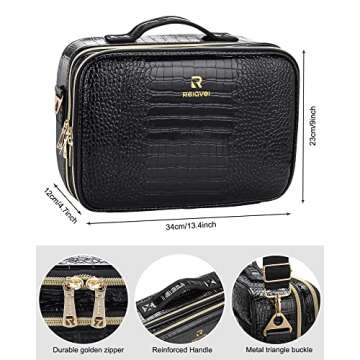 Relavel Travel Makeup Train Case Makeup Cosmetic Case Organizer Portable Artist Storage Bag with Adjustable Dividers for Cosmetics Makeup Brushes Toiletry Jewelry Digital Accessories