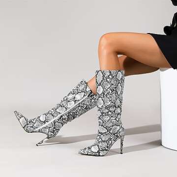 perixir Snakeskin Boots knee high boots women Sexy Stunning and Stylish Exquisite Pointed Toe Fine H...