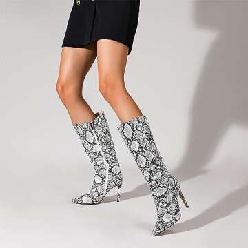 perixir Snakeskin Boots knee high boots women Sexy Stunning and Stylish Exquisite Pointed Toe Fine High Heels Pleated