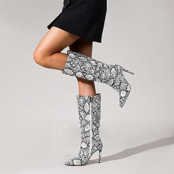 perixir Snakeskin Boots knee high boots women Sexy Stunning and Stylish Exquisite Pointed Toe Fine High Heels Pleated