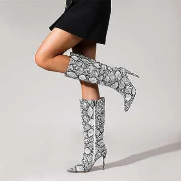 perixir Snakeskin Boots knee high boots women Sexy Stunning and Stylish Exquisite Pointed Toe Fine High Heels Pleated
