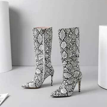 perixir Snakeskin Boots knee high boots women Sexy Stunning and Stylish Exquisite Pointed Toe Fine High Heels Pleated