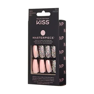KISS Masterpiece One-Of-A-Kind Luxe Manicure, Premium Acrylic Fake Nails with Pink Gel Nail Glue, Manicure Stick, Mini Nail File, & 30 Glue On Nails Including 12 Accent Nails
