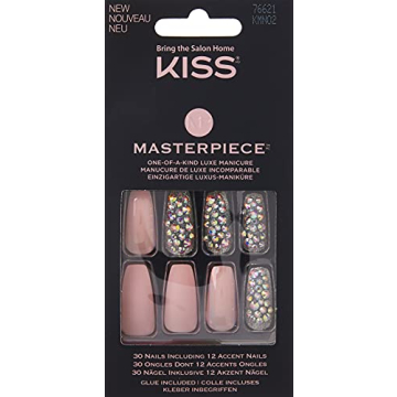 KISS Masterpiece One-Of-A-Kind Luxe Manicure, Premium Acrylic Fake Nails with Pink Gel Nail Glue, Manicure Stick, Mini Nail File, & 30 Glue On Nails Including 12 Accent Nails