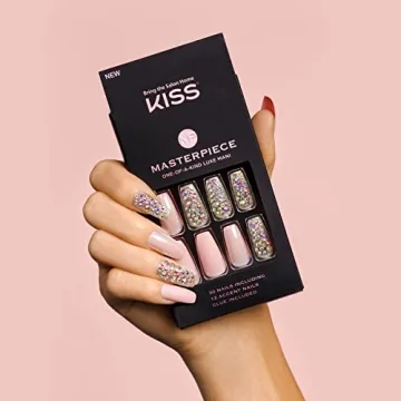 KISS Masterpiece One-Of-A-Kind Luxe Manicure, Premium Acrylic Fake Nails with Pink Gel Nail Glue, Manicure Stick, Mini Nail File, & 30 Glue On Nails Including 12 Accent Nails
