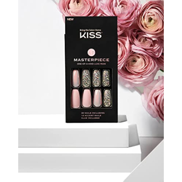 KISS Masterpiece One-Of-A-Kind Luxe Manicure, Premium Acrylic Fake Nails with Pink Gel Nail Glue, Manicure Stick, Mini Nail File, & 30 Glue On Nails Including 12 Accent Nails