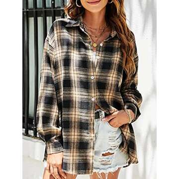 Bozanly Flannel Buffalo Plaid Shirts for Women Oversized Button Down Shacket Blouse Tops(0001-Khaki-...