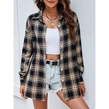 Bozanly Flannel Buffalo Plaid Shirts for Women Oversized Button Down Shacket Blouse Tops(0001-Khaki-M)