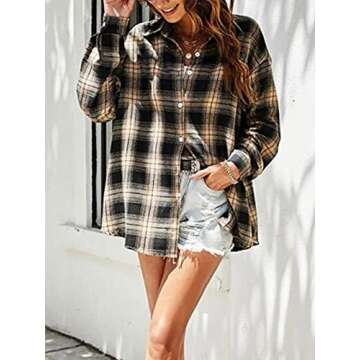 Bozanly Flannel Buffalo Plaid Shirts for Women Oversized Button Down Shacket Blouse Tops(0001-Khaki-M)