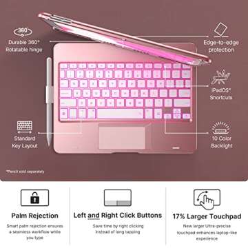 typecase Touch Case with Keyboard for iPad 9th Generation (10.2", 2021), Multi-Touch Trackpad, 10 Color Backlight, 360, Thin & Light - iPad 8th Gen (2020), 7th Gen (2019), Air 3, Pro 10.5 (Rose Gold)