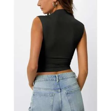 Trendy Queen Women's Going Out Basic Tank Tops Mock Neck Spring Clothes Sleeveless Slim Fitted Cute Shirts Summer Trendy Y2K Outfits Black S