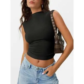 Trendy Queen Women's Going Out Basic Tank Tops Mock Neck Spring Clothes Sleeveless Slim Fitted Cute Shirts Summer Trendy Y2K Outfits Black S