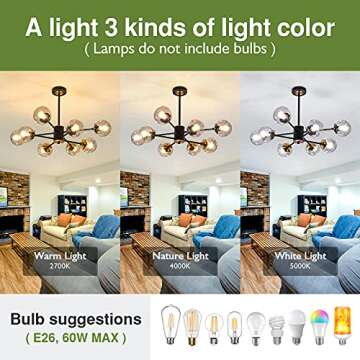 SZXYKEJI 8 Light Chandelier Pendant Lighting Black with Glass Globes Classic Vintage Sputnik Ceiling Light Fixture for Kitchen Living Room Dining Room Bedroom Farmhouse..